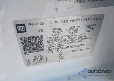 2023 GMC Sierra 1500 2Wd Short Box Elevation from USA, damaged, VIN 3GTPHCED8PG253321